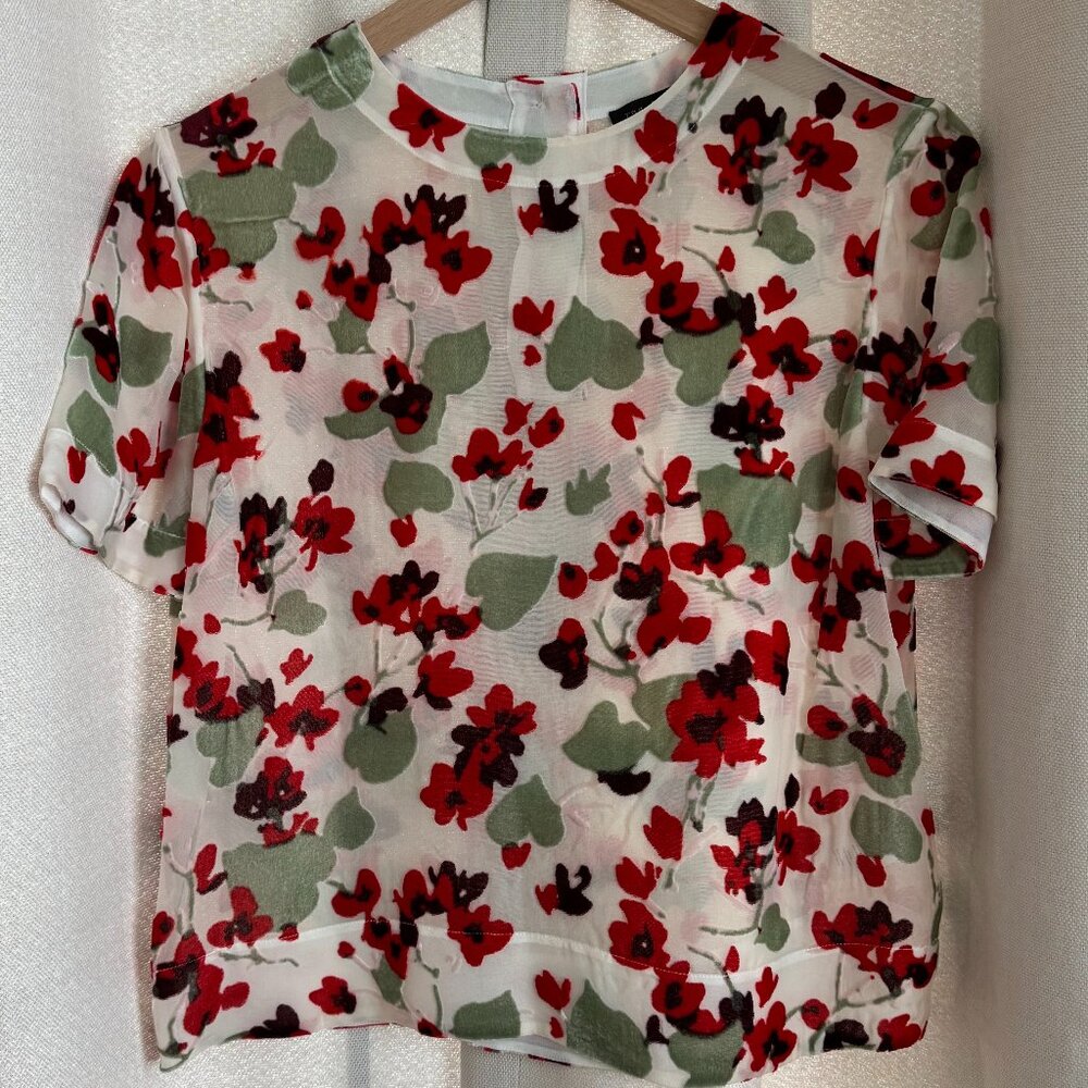 Rag & Bone Silk Blend Burnout Floral Tee Ivory/Red Green Size XS